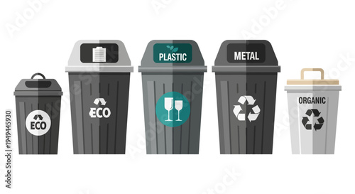 Flat design waste bins for eco-friendly recycling: plastic, metal, organic