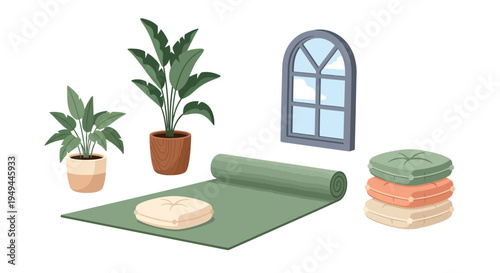 Cozy home yoga space with indoor plants and meditation accessories