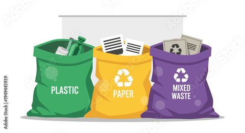 Recycling bags for plastic, paper, and mixed waste in eco-friendly design