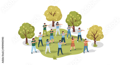 Group practicing tai chi in park with lush trees and greenery
