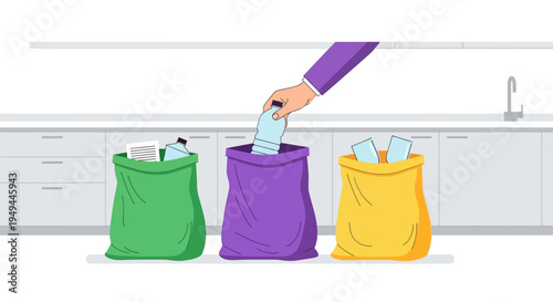 Recycling in office: colorful waste bins for paper, plastic, and cans