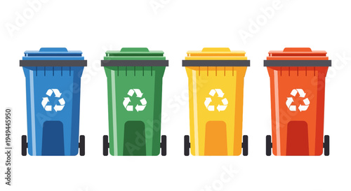Colorful recycling bins for waste management in a flat design