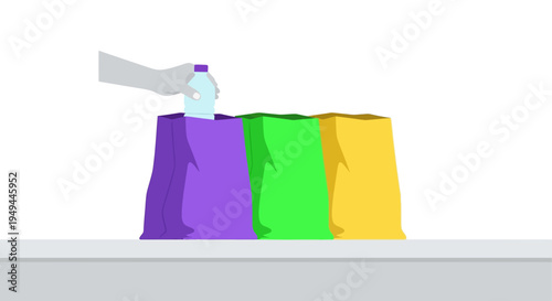 Recycling concept with colorful bags and hand placing bottle for waste separation
