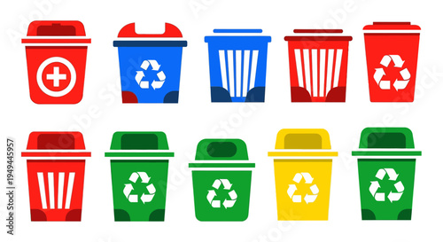 Colorful recycling and waste bins icons collection for waste management