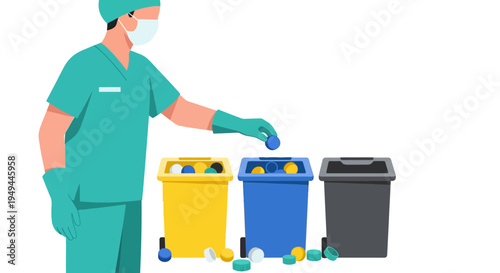 Healthcare worker sorting medical waste into colored bins for proper recycling
