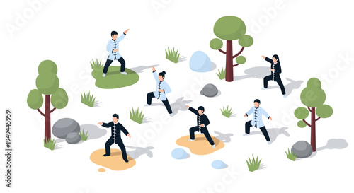 Tai chi practice in nature with group of people in traditional attire