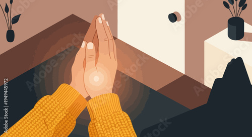Minimalist hands in prayer pose inside cozy interior setting