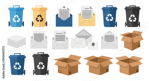 Recycling bins and paper products icon set for environmental awareness