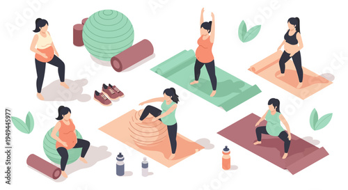 Pregnant women practicing yoga with fitness equipment in isometric design