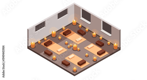Isometric view of serene meditation room with cushions and candles