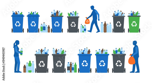 Recycling process with people and bins in flat design for waste management awareness