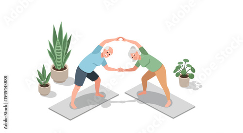 Seniors practicing yoga together in a peaceful indoor setting with plants