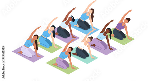 Diverse group practicing yoga in a flat design style
