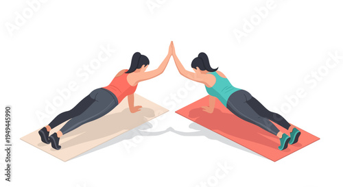 Two women exercising together in plank pose on yoga mats in isometric style