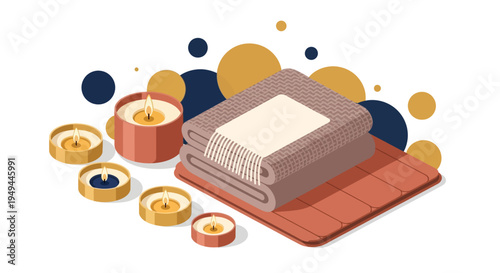 Cozy spa scene with candles, towels, and cushions in isometric style for relaxation and wellness