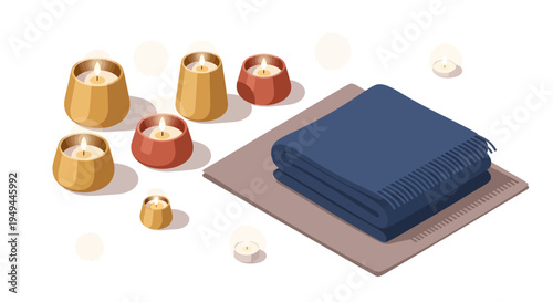 Cozy relaxation scene with lit candles and folded blanket in tranquil setting