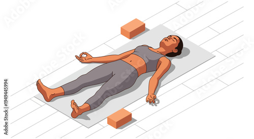 Peaceful yoga routine: woman practicing corpse pose for relaxation and stress relief