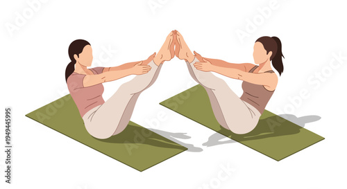 Women practicing partner yoga pose on mats in minimalist style