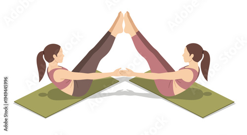 Two women performing partner yoga routine with mirrored poses on mats