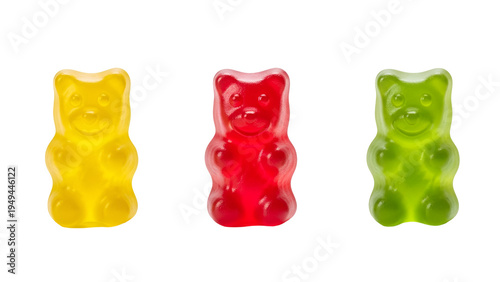 Three colorful gummy bears isolated on transparent background