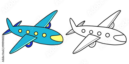 Cartoon airplane colored and outline version isolated on white background. Coloring book for kids. Travel transport illustration, doodle coloring page