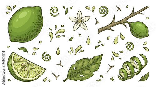 Fresh lime slices and leaves float amidst swirling citrus drops and peels