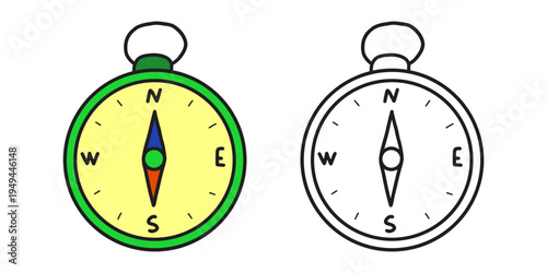Cartoon compass colored and outline version isolated on white background. Coloring book for kids. Navigation travel illustration, doodle coloring page