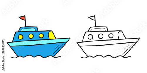 Cartoon boat or ship colored and outline version isolated on white background. Coloring book for kids. Marine travel transport illustration, doodle coloring page