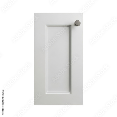 A classic white kitchen cabinet door with a shaker style frame and a simple modern metal knob pull