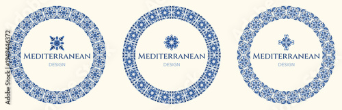 Set of three circular mediterranean tile frames in blue and white with ornamental floral motifs. Elegant ceramic inspired borders with classic mosaic detail, isolated on a light background.