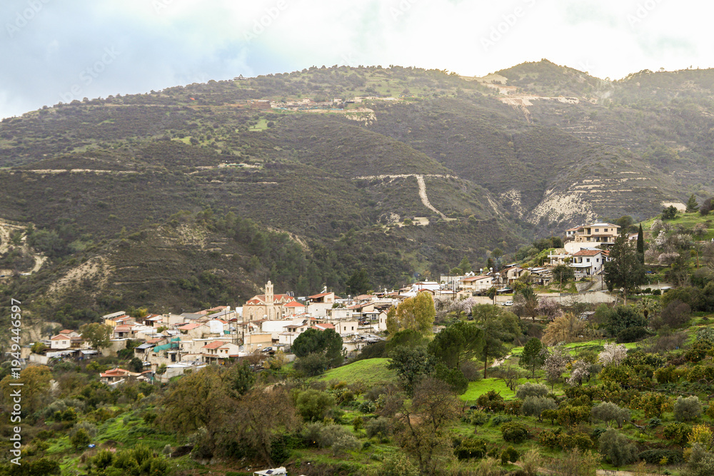 Fototapeta premium Traditional village of Gerasa with church on the hills of Limassol district, Cyprus. 