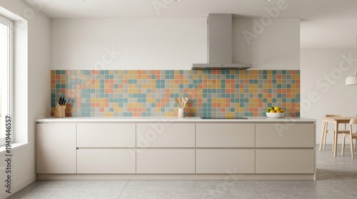 Modern kitchen interior with colorful mosaic tile backsplash. Minimalist counter furniture design,  cooking workspace with stove and hood. Domestic living room environment for home cooking.