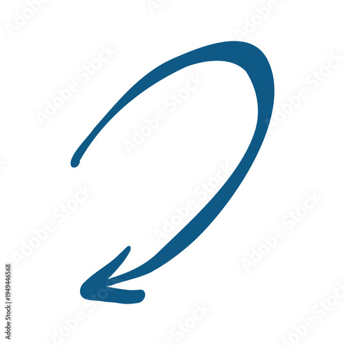 Blue hand drawn curved arrow pointing backward isolated on white background. Doodle arrow icon, navigation symbol, blue hand drawn curved arrow pointing backward isolated on white background