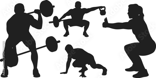 Fitness silhouettes, strength training poses, workout art, barbell squat, kettlebell exercise, crawling lunge, bodyweight squat, black silhouette, gym design