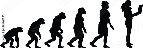 Human evolution silhouettes, primate to modern man, technological progress, laptop figure, black silhouette, evolutionary stages, science art, history design