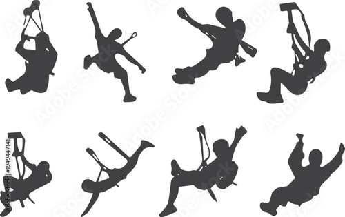 Zip‑lining silhouettes, adventure sport, outdoor activity, harness and ropes, black silhouette, extreme fun, dynamic motion, thrill design, lifestyle art