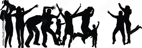 Joyful silhouettes, family celebration, community unity, happiness art, black silhouette, people together, social gathering, playful poses, lifestyle design, bonding