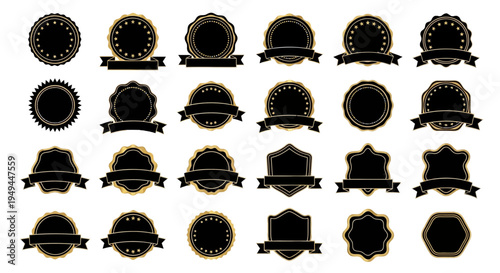 Collection of Black and Gold Blank Seal Badges and Ribbons, Vector Graphic Elements
