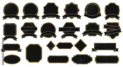Collection of Black and Gold Blank Labels and Badges with Ribbons