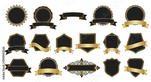 Collection of Black and Gold Decorative Badges, Labels, and Ribbons - Vector Graphics