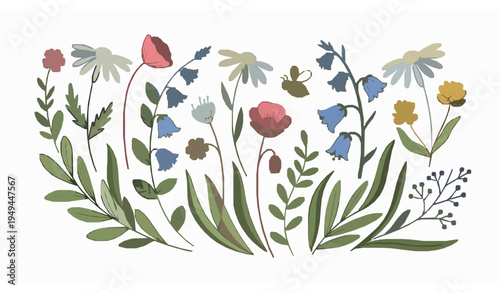 Cute Wildflower and Bee Vector Illustration Set Modern Flat Botanical Design