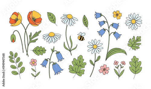 Whimsical Wildflower and Bee Vector Set Hand Drawn Summer Nature Illustration