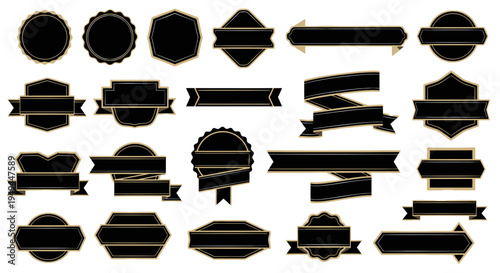 Collection of Black and Gold Decorative Banners, Ribbons, and Labels