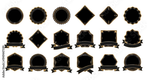 Collection of Black and Gold Decorative Emblems, Badges, and Labels with Ribbons