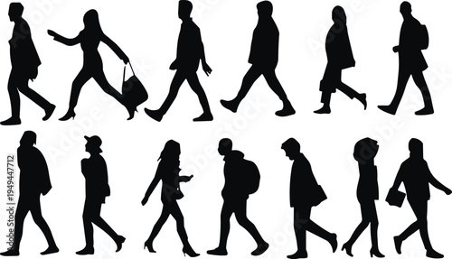 Walking silhouettes, people in motion, diverse poses, casual walking, business attire, everyday movement, human gait, black silhouette, urban lifestyle, crowd