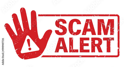 A red scam alert sign with a hand and exclamation mark warning of potential fraud