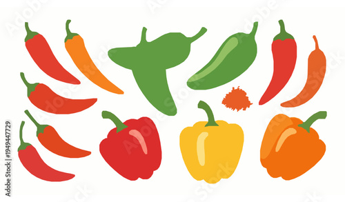Assorted Pepper Vector Illustration Set with Chili Jalapeno and Bell Peppers