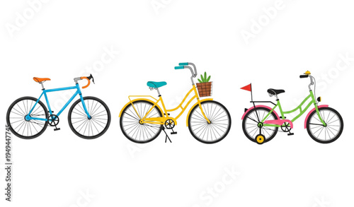 Modern Flat Bicycle Vector Collection Featuring Road Bike Cruiser and Kids Bike
