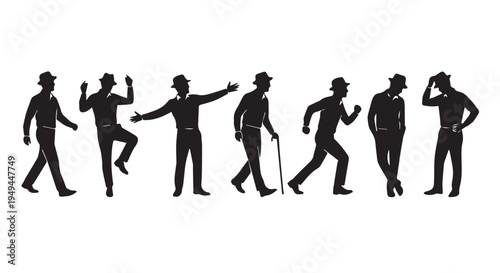 A group of silhouetted men in various dance poses against a Transparent Background