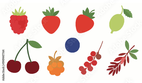 Hand Drawn Berry Collection Vector with Raspberry Strawberry Blueberry and Cherry